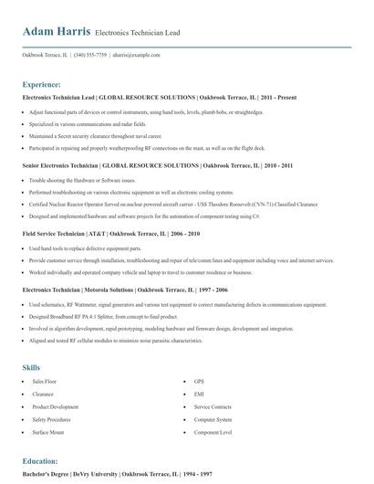 Electronics Technician Lead Resume