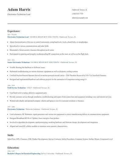 Electronics Technician Lead Resume