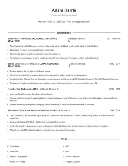 Electronics Technician Lead Resume