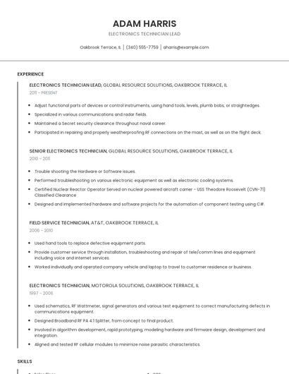 Electronics Technician Lead Resume