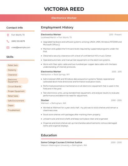 Electronics Worker Resume