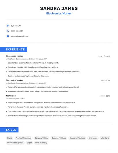 Electronics Worker Resume