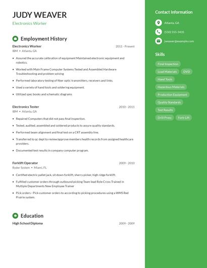 Electronics Worker Resume