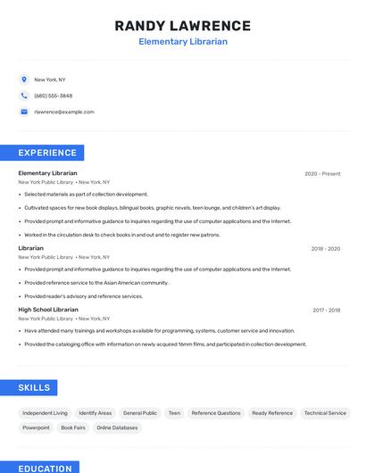 Elementary Librarian Resume