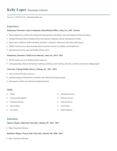 Elementary Librarian Resume