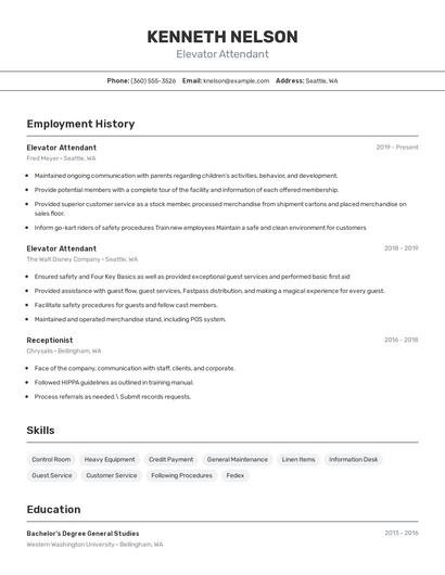 Elevator Attendant Resume