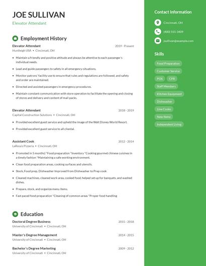 Elevator Attendant Resume