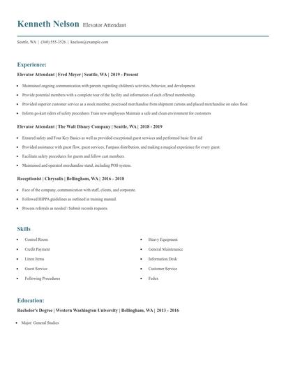 Elevator Attendant Resume