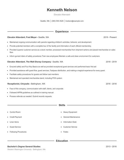 Elevator Attendant Resume