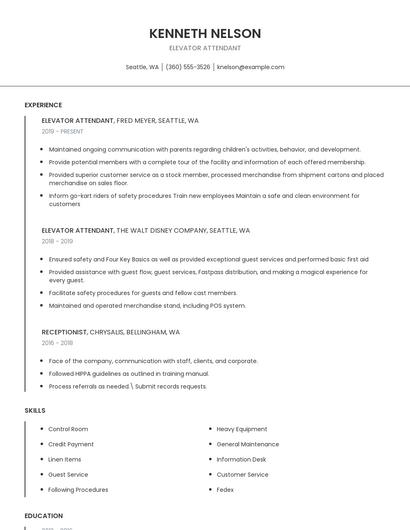 Elevator Attendant Resume