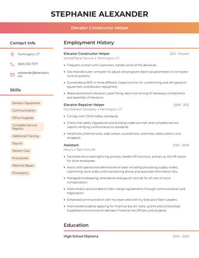 Elevator Constructor Helper Resume