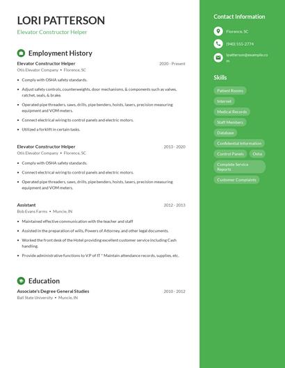 Elevator Constructor Helper Resume
