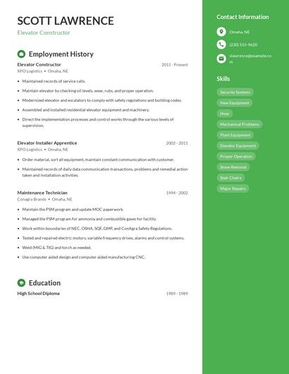 Elevator Constructor Resume