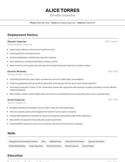 Elevator Inspector Resume