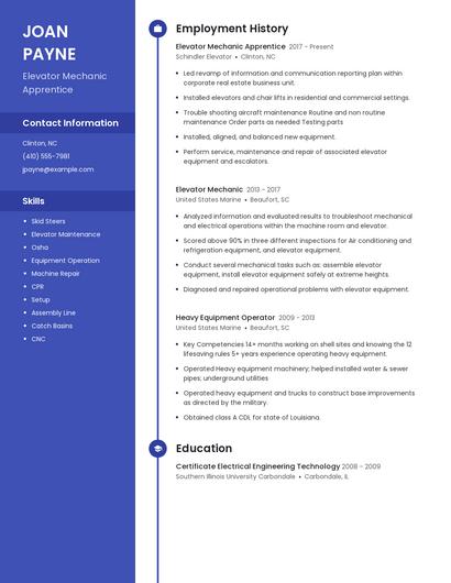 Elevator Mechanic Apprentice Resume