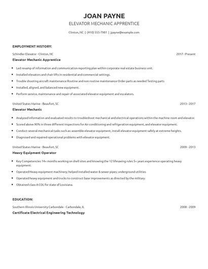 Elevator Mechanic Apprentice Resume