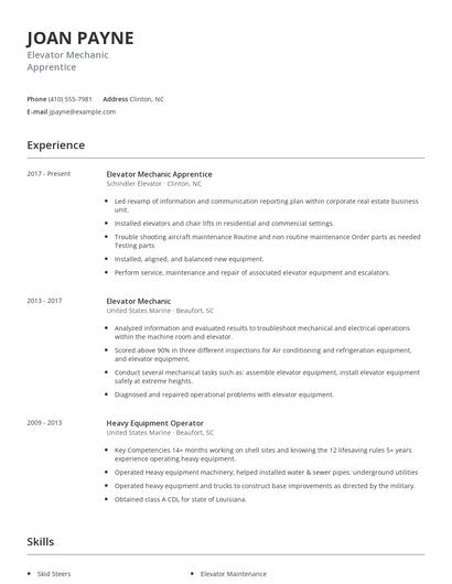 Elevator Mechanic Apprentice Resume