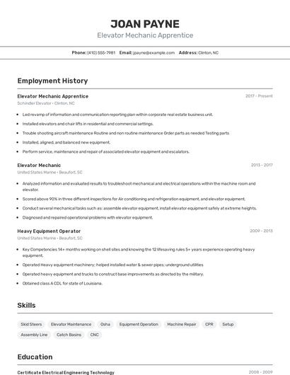 Elevator Mechanic Apprentice Resume