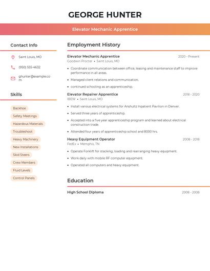 Elevator Mechanic Apprentice Resume