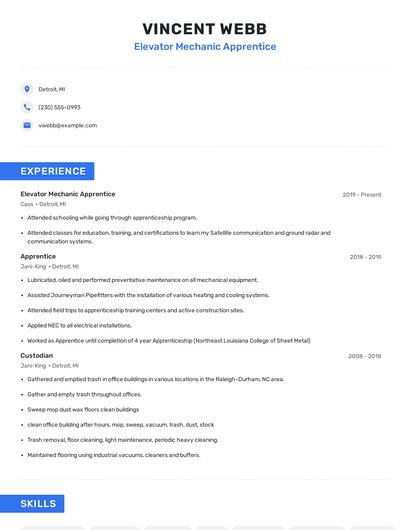 Elevator Mechanic Apprentice Resume