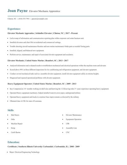 Elevator Mechanic Apprentice Resume