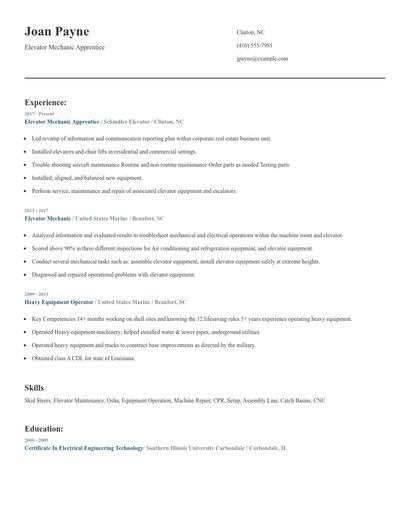 Elevator Mechanic Apprentice Resume