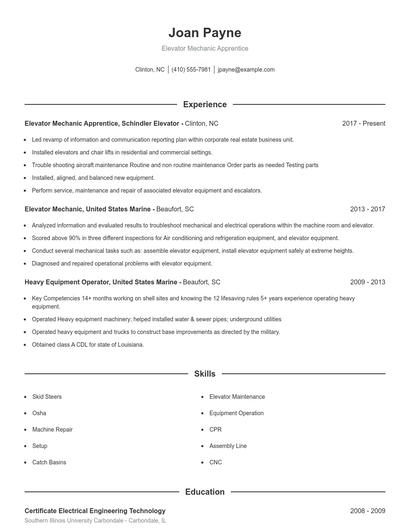 Elevator Mechanic Apprentice Resume