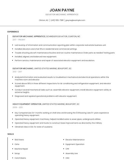 Elevator Mechanic Apprentice Resume