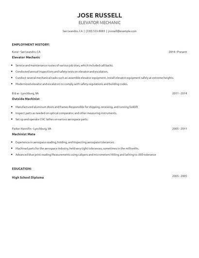 Elevator Mechanic Resume