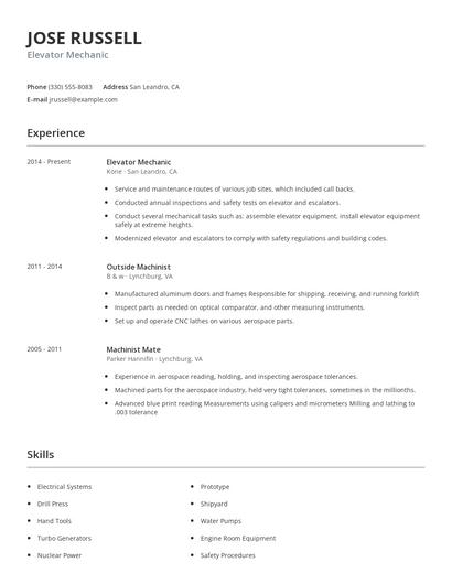 Elevator Mechanic Resume