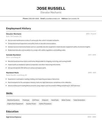 Elevator Mechanic Resume
