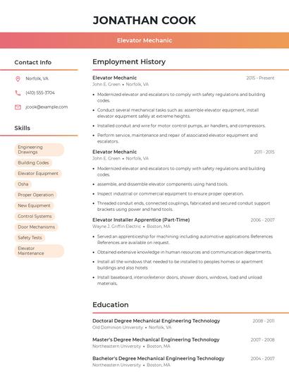 Elevator Mechanic Resume