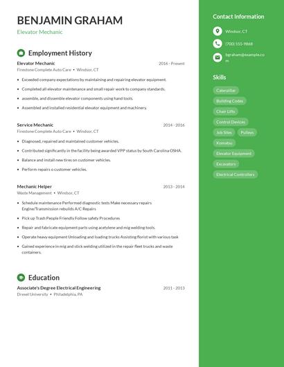Elevator Mechanic Resume