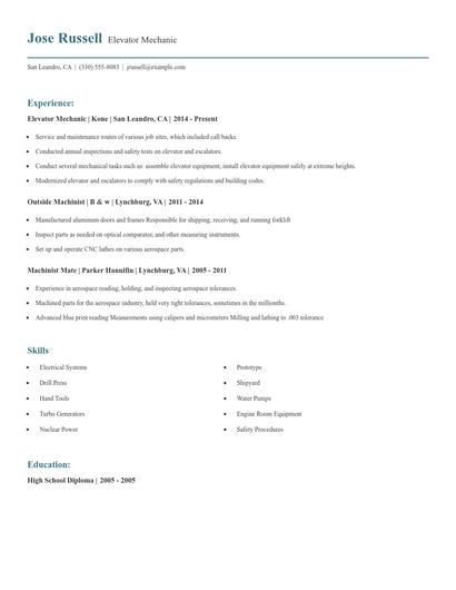 Elevator Mechanic Resume
