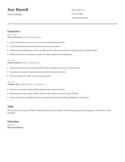 Elevator Mechanic Resume