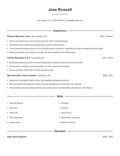Elevator Mechanic Resume
