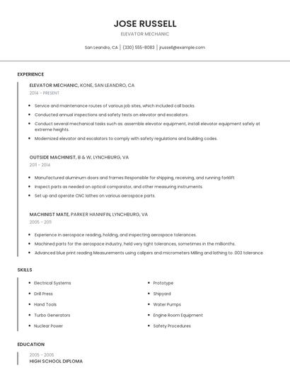 Elevator Mechanic Resume