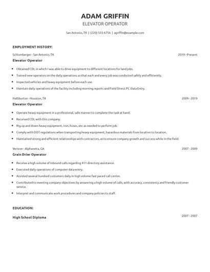 Elevator Operator Resume