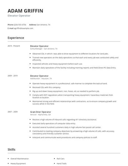 Elevator Operator Resume