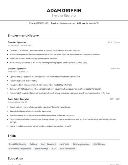 Elevator Operator Resume