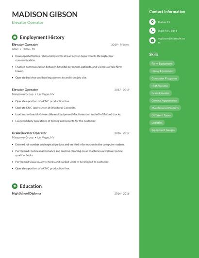 Elevator Operator Resume