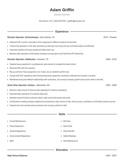 Elevator Operator Resume