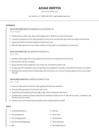 Elevator Operator Resume