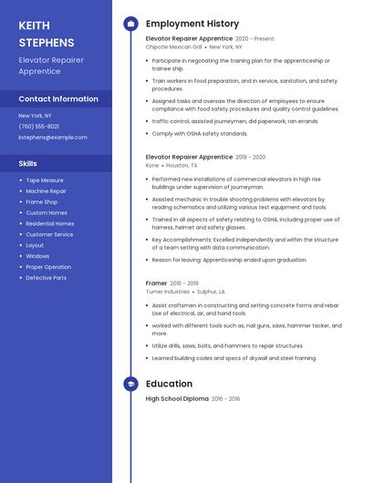 Elevator Repairer Apprentice Resume