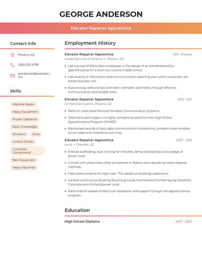 Elevator Repairer Apprentice Resume
