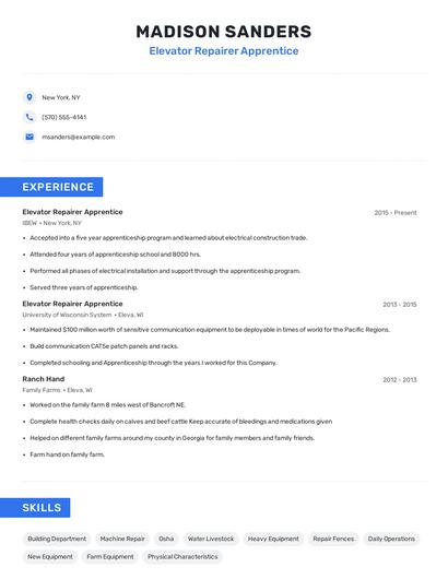 Elevator Repairer Apprentice Resume