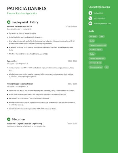 Elevator Repairer Apprentice Resume