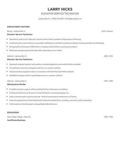 Elevator Service Technician Resume