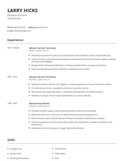 Elevator Service Technician Resume