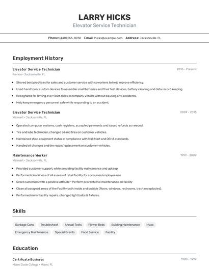 Elevator Service Technician Resume